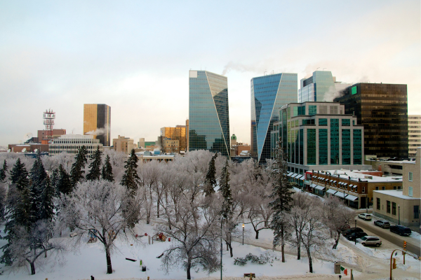 Victoria Park in downtown Regina with trees coated in ice. Office towers are located in the background. Regina is one of the 10 most livable cities in Canada for newcomers.
