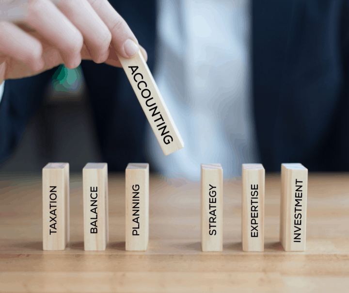 An individual is placing wooden pillars in a line. Each pillar has text on it related to accounting job requirements such as taxation, planning, strategy, expertise, and investment.  