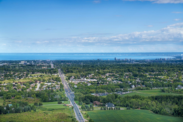 Aerial view of Burlington and Lake Ontario