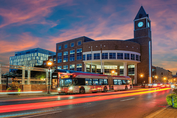 Brampton public transit bus in front of City Hall at night