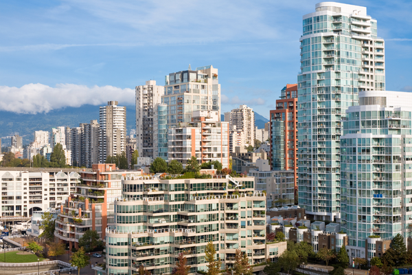 Modern condominiums in downtown Vancouver. This type of housing can range in size from bachelor units to 2 and 3-bedroom units.