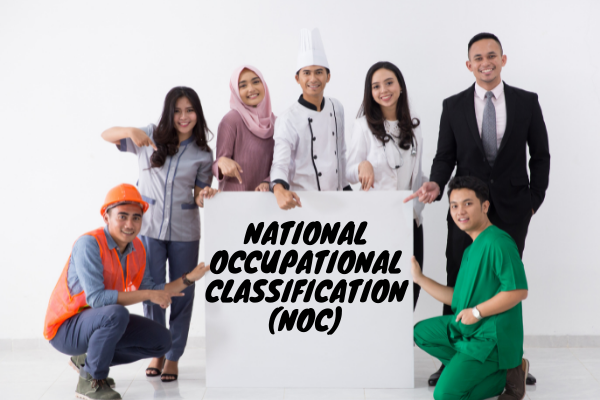 A group of employees from different occupations are holding a sign that reads National Occupational Classification. When you find your NOC, you can research your occupation in Canada. 