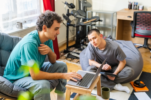 Male housemates are seated in a living room and looking at a computer. A housemate is different than a roommate and often pay lower rent.