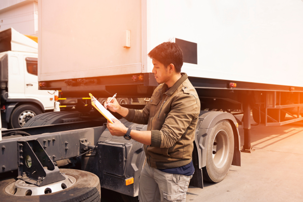 Male truck driver holding a safety inspection clipboard for a maintenance and vehicle inspection