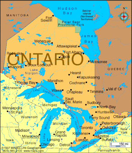 Map of Ontario and provincial borders