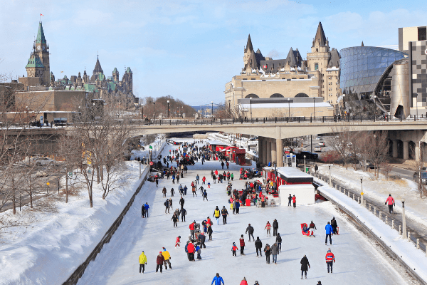 Skating on the Rideau Canal during the Winterlude winter festival. in Ottawa.