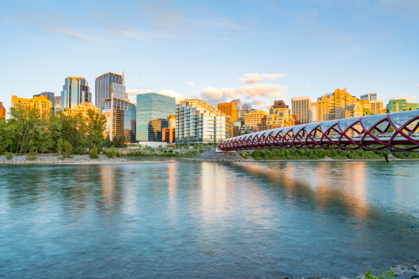 Skyline of the City of Calgary along the Bow River and Peace Bridge. Many newcomers choose to settle in Calgary, Alberta