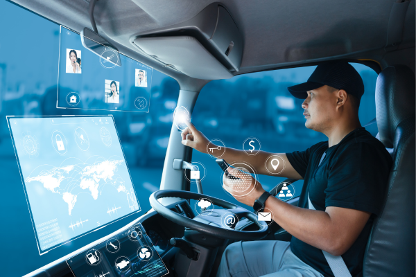 Truck driver connects to team call center through internet. The driver is searching for a location on a digital display