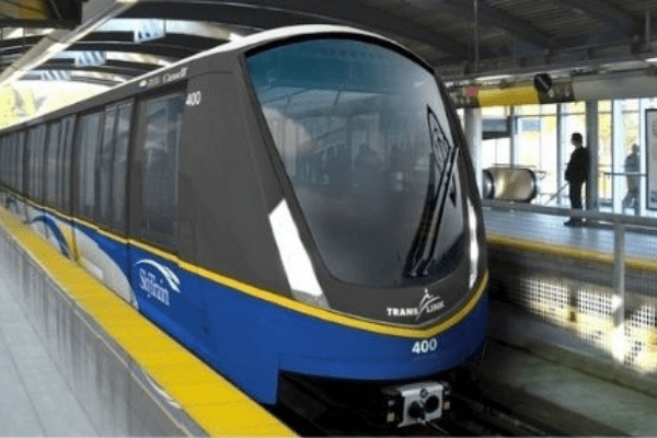 The SkyTrain pulling into a subway stop in Vancouver