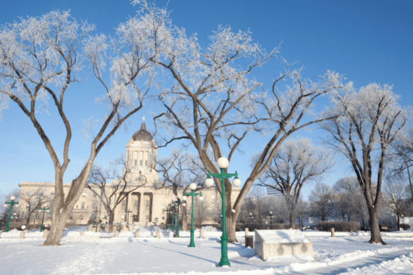 Winter landscape with the Manitoba Legislature building in the background.