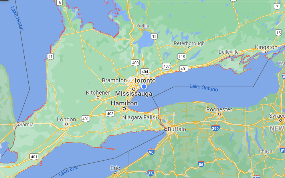 Regional map that shows the proximity of Kitchener Waterloo to major cities in southwestern Ontario. 