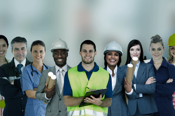 Smiling men and women from different professions are standing in a line. Getting your credentials and skills assessed in Canada can help you determine if you need more training, education or Canadian work experience.